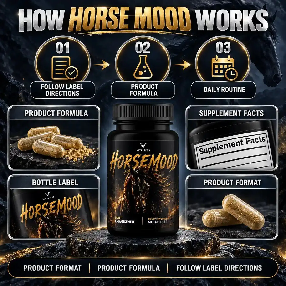 Horse Mood how it works panel showing follow label directions, product formula and daily routine around the bottle