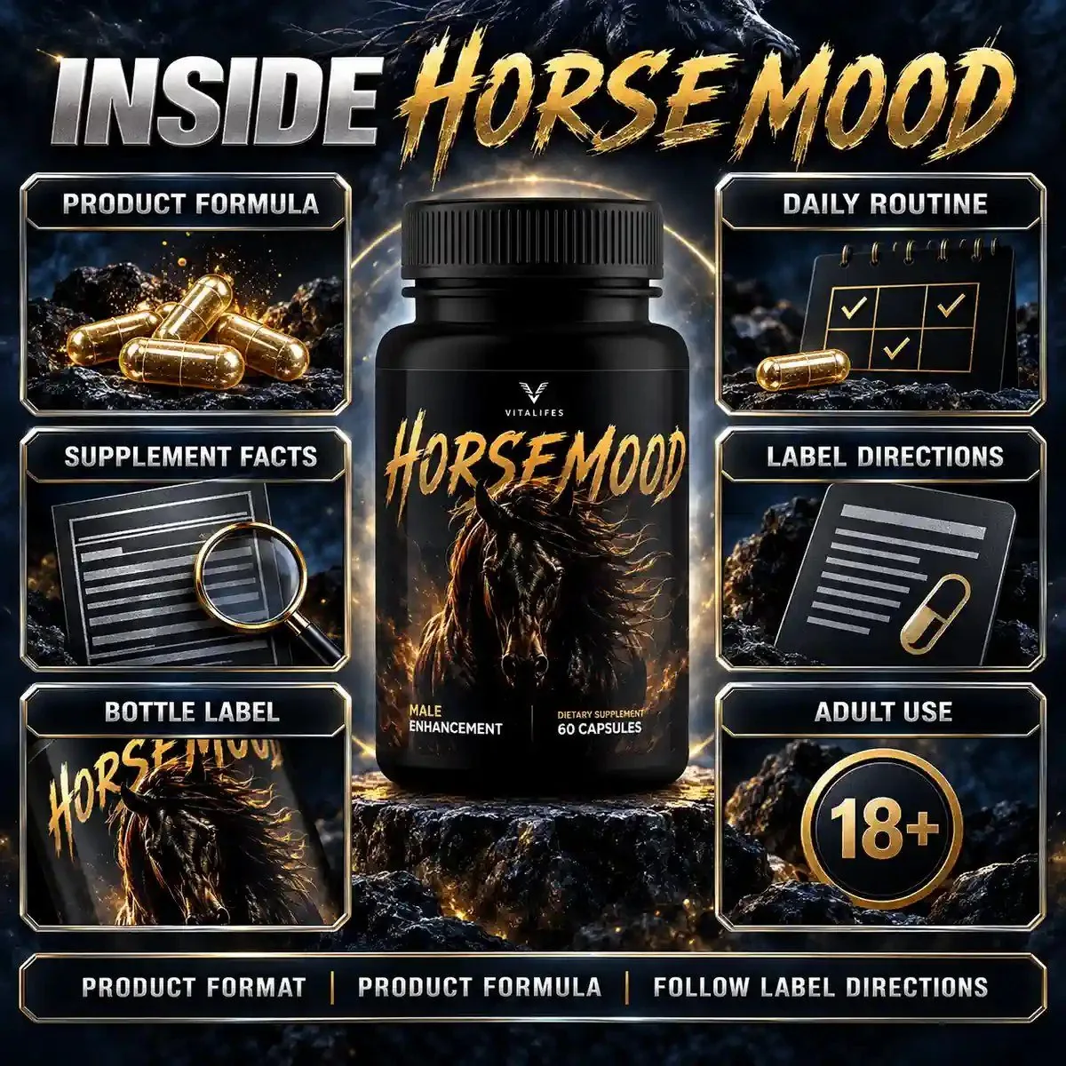Inside Horse Mood listing panel showing the bottle, capsules, supplement facts, label directions, daily routine and an adult use 18+ badge