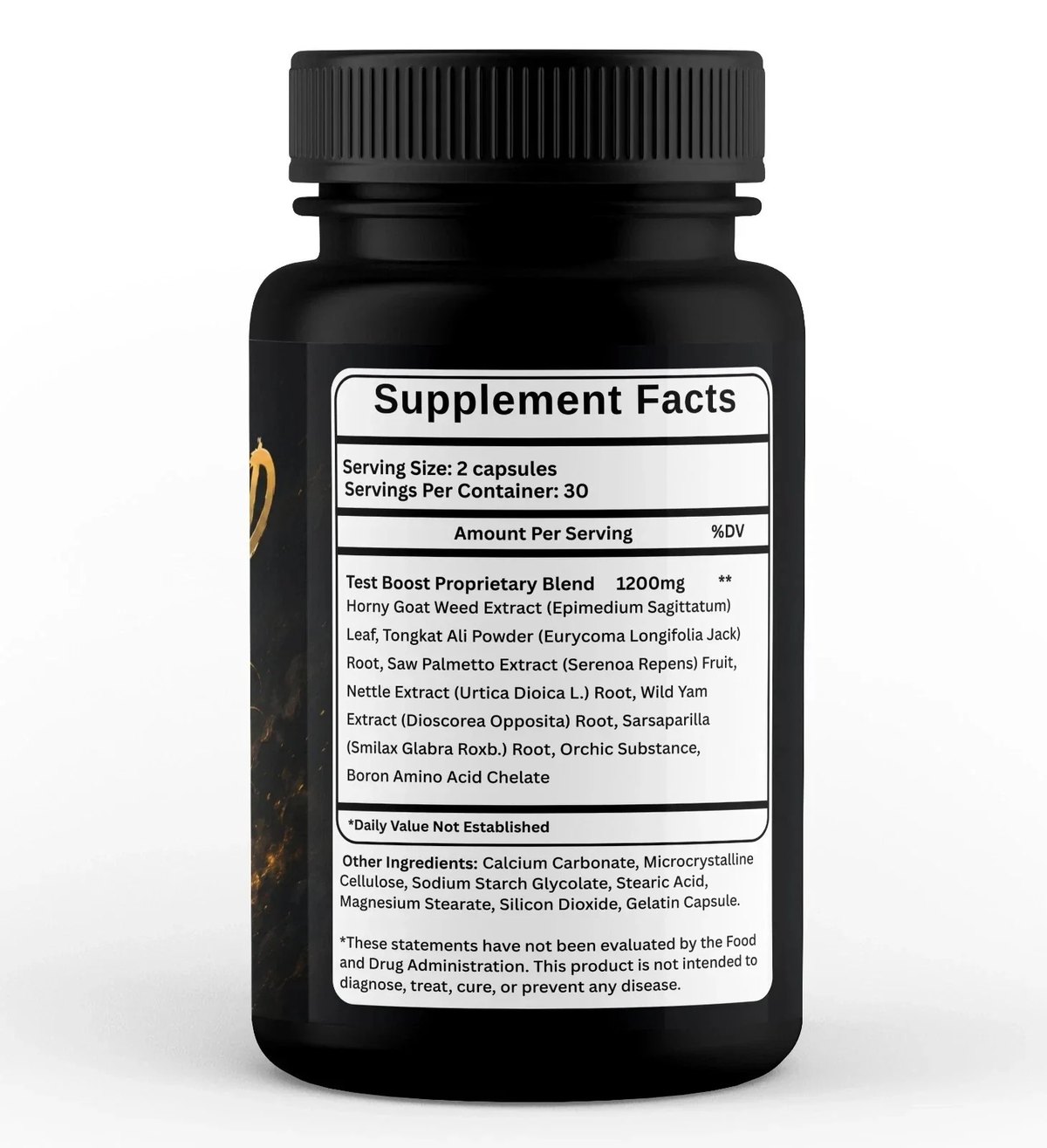 Horse Mood supplement facts panel showing a 1,200 mg Test Boost Proprietary Blend containing horny goat weed, tongkat ali, saw palmetto, nettle, wild yam, sarsaparilla, orchic substance and boron